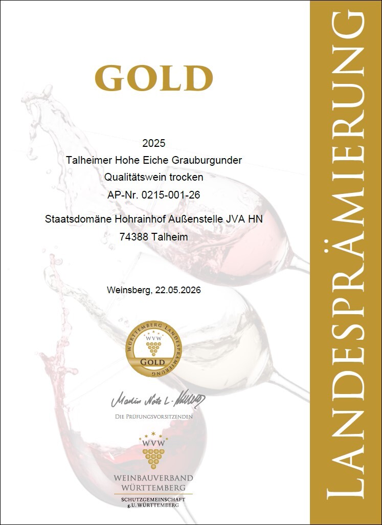Urkunde Landesprämierung GOLD
